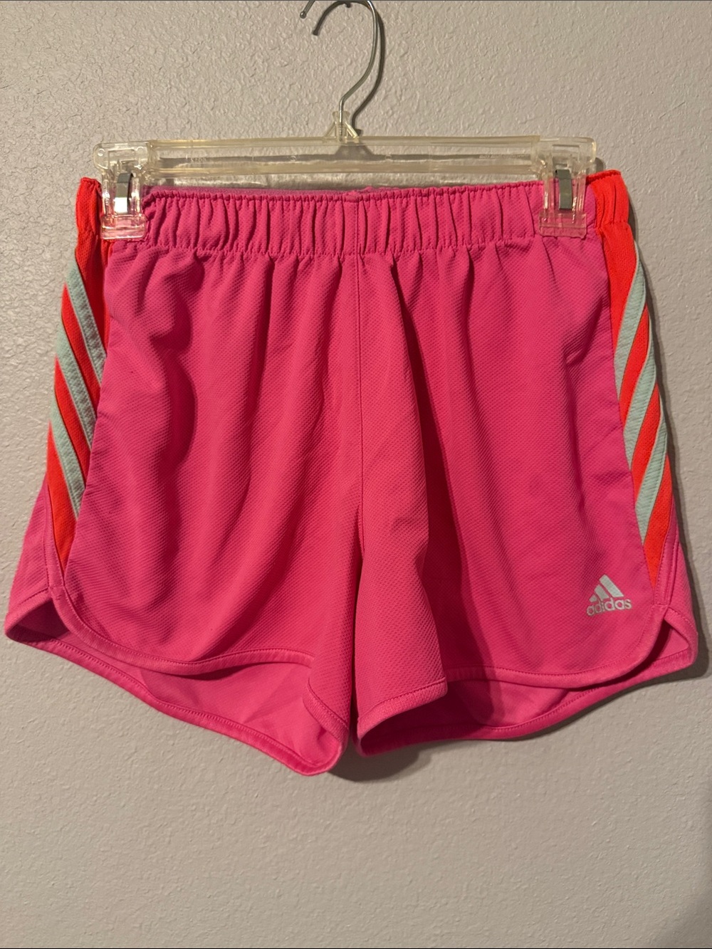 adidas Women's Hot Pink Athletic Shorts with Coral & Light Blue Stripes